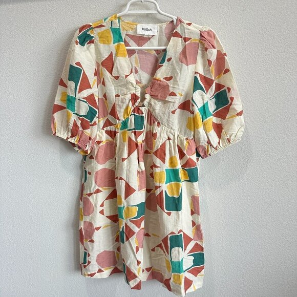 ba&sh Arancia Cream, Pink, Yellow, Green Print Puff Sleeve Mini Dress - Picture 2 of 8